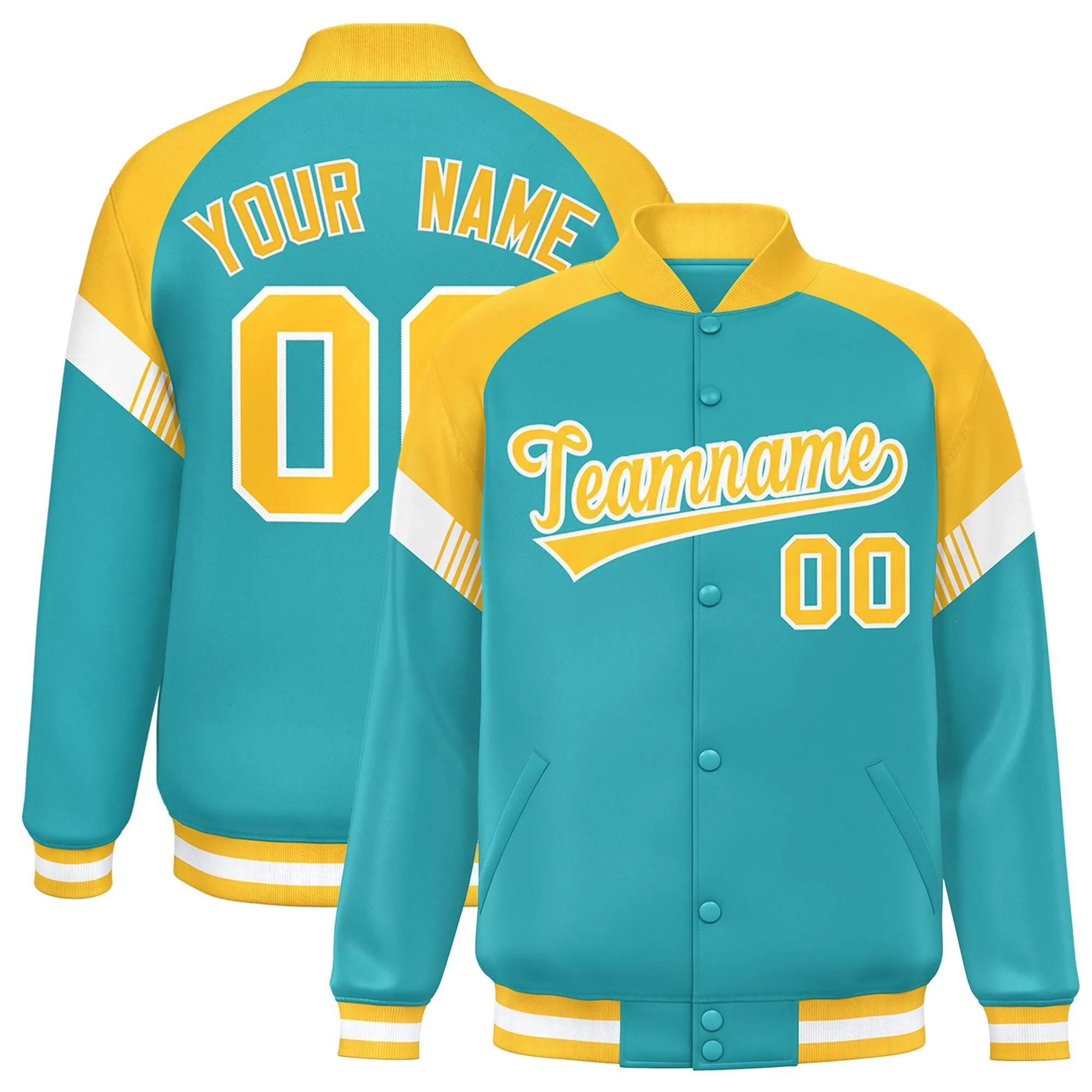 Custom Aqua Gold-White Varsity Full-Snap Color Block Letterman Jacket