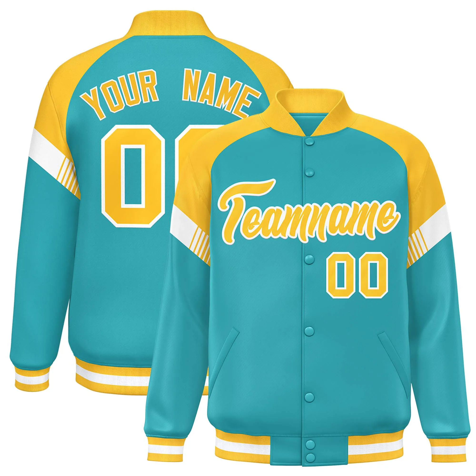 Custom Aqua Gold-White Varsity Full-Snap Color Block Letterman Jacket