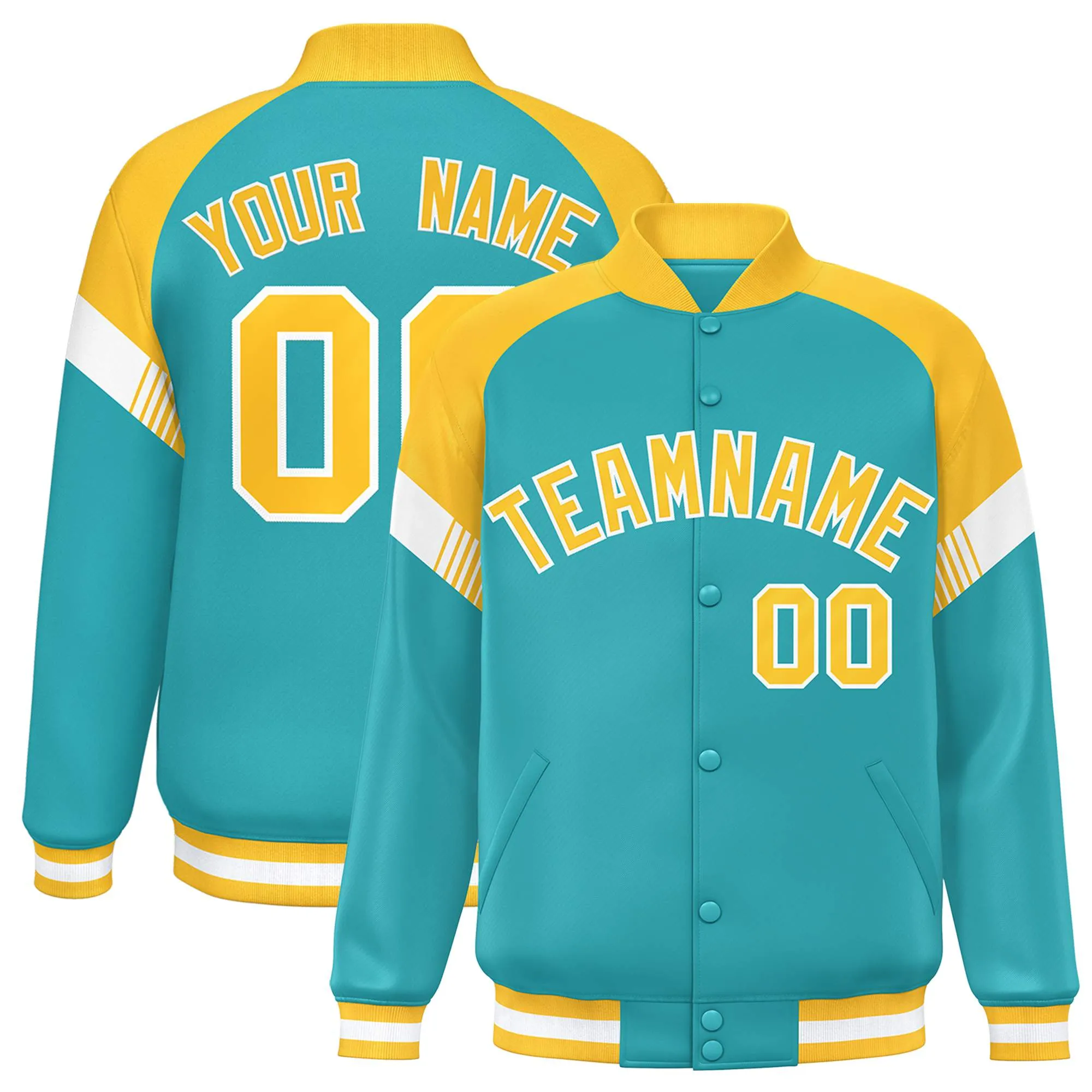 Custom Aqua Gold-White Varsity Full-Snap Color Block Letterman Jacket