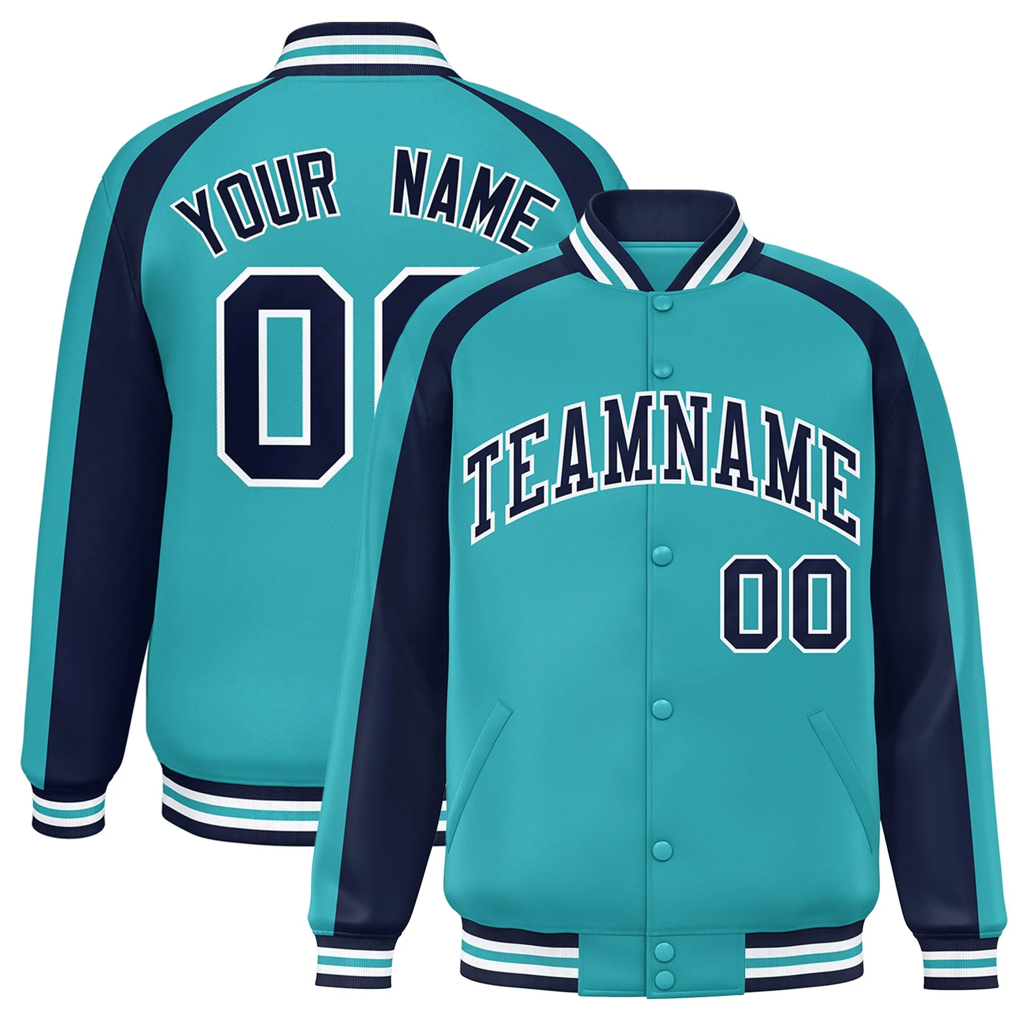 Custom Aqua Navy Varsity Full-Snap Color Block Personalized Raglan Sleeves Letterman Jacket