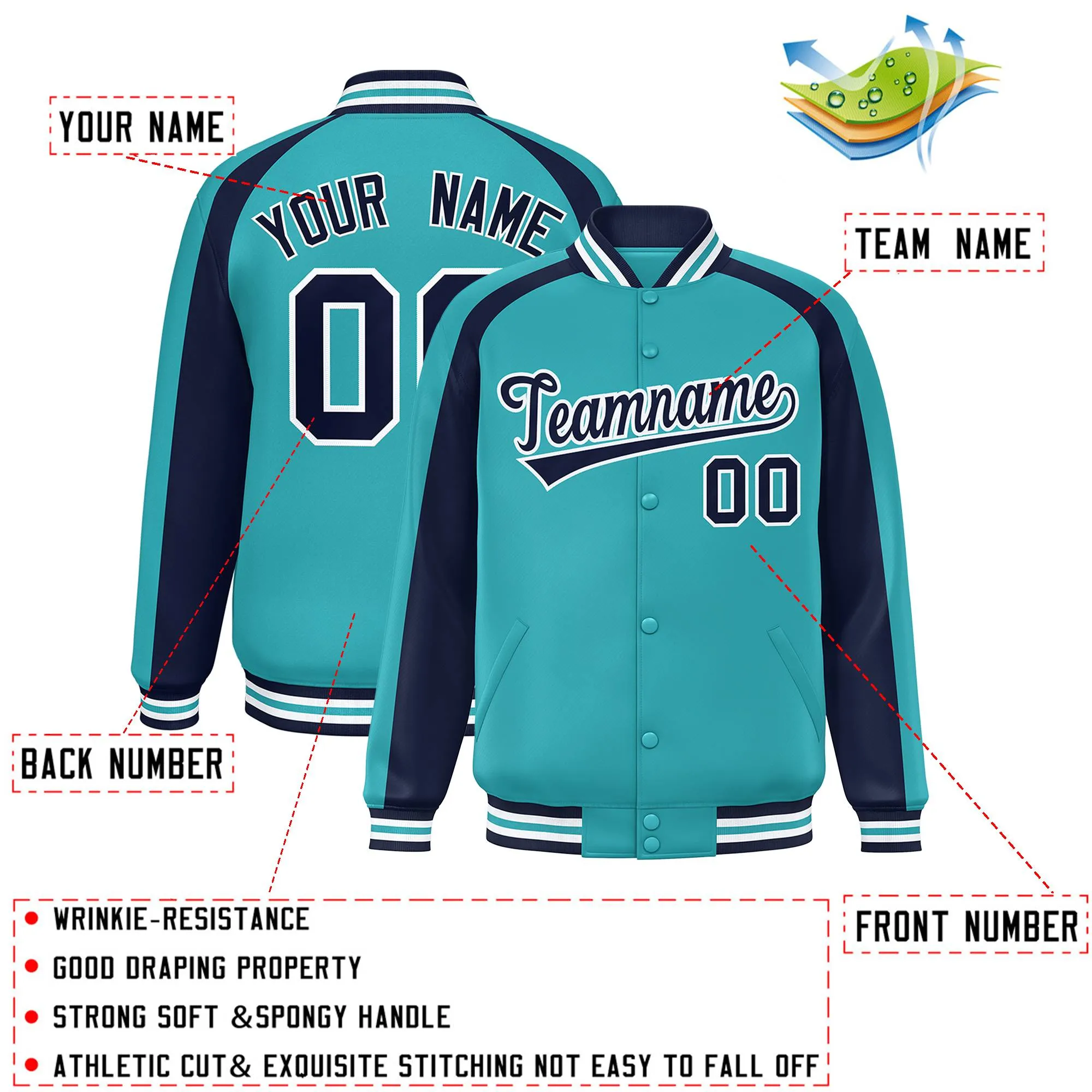 Custom Aqua Navy Varsity Full-Snap Color Block Personalized Raglan Sleeves Letterman Jacket