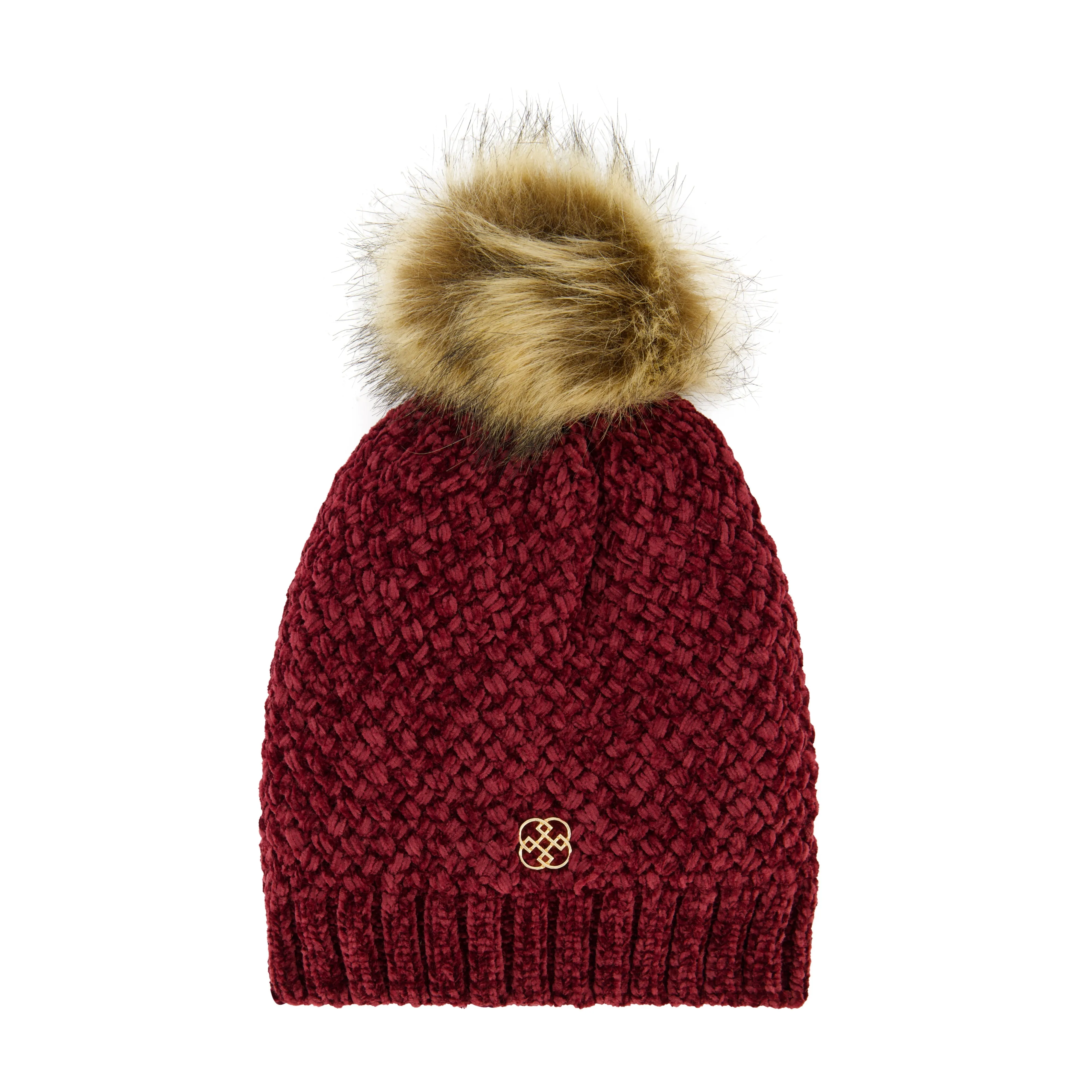 Daisy Fuentes Women's Cozy Cross Hatch Chenille Beanie with Faux Fur Pom and Plush Lining