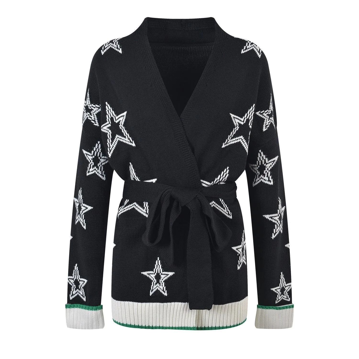 Design Sense Waist-controlled Lace-up Star Printed Knitted Cardigan Sweater