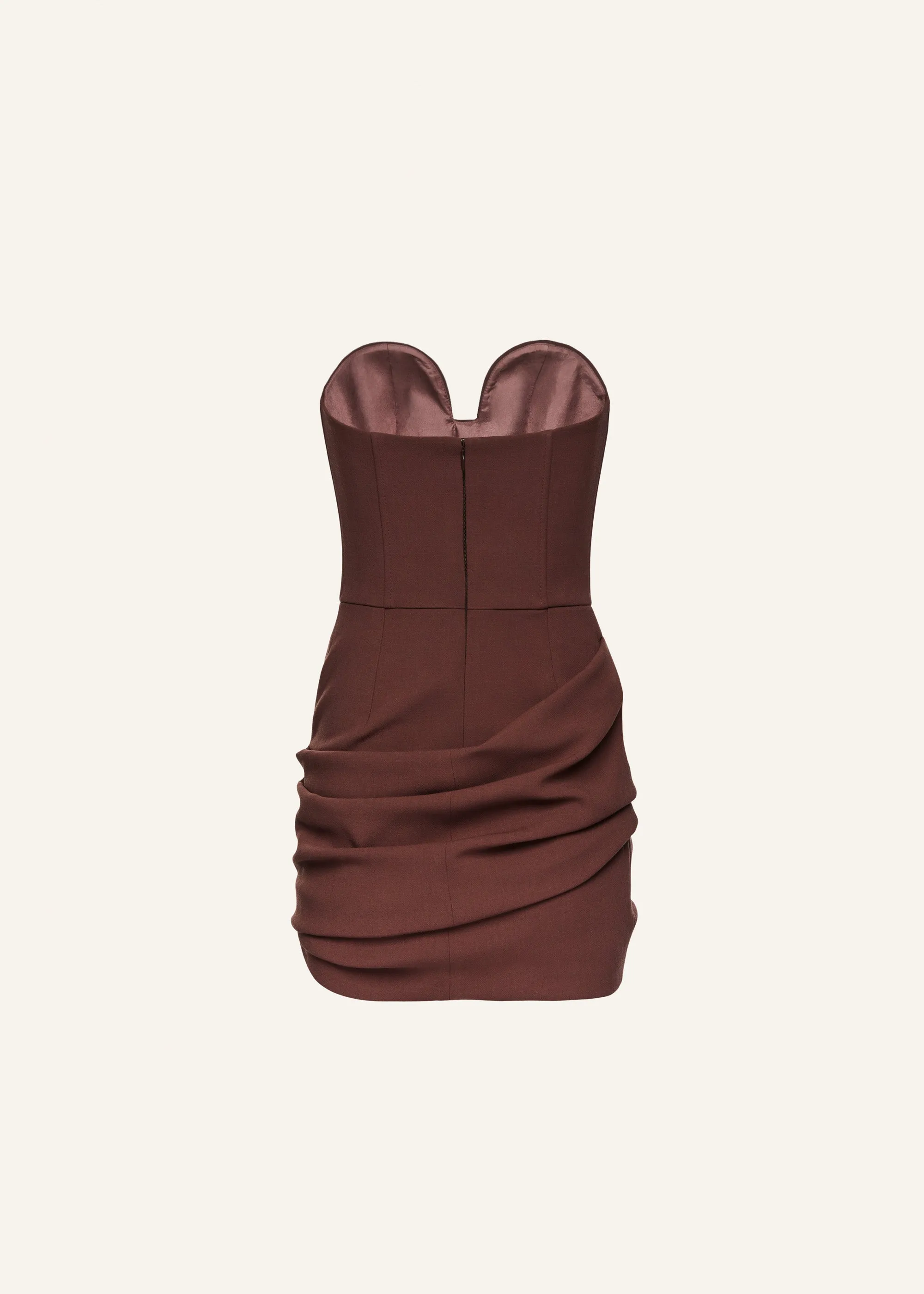 Draped strapless babydoll dress in burgundy