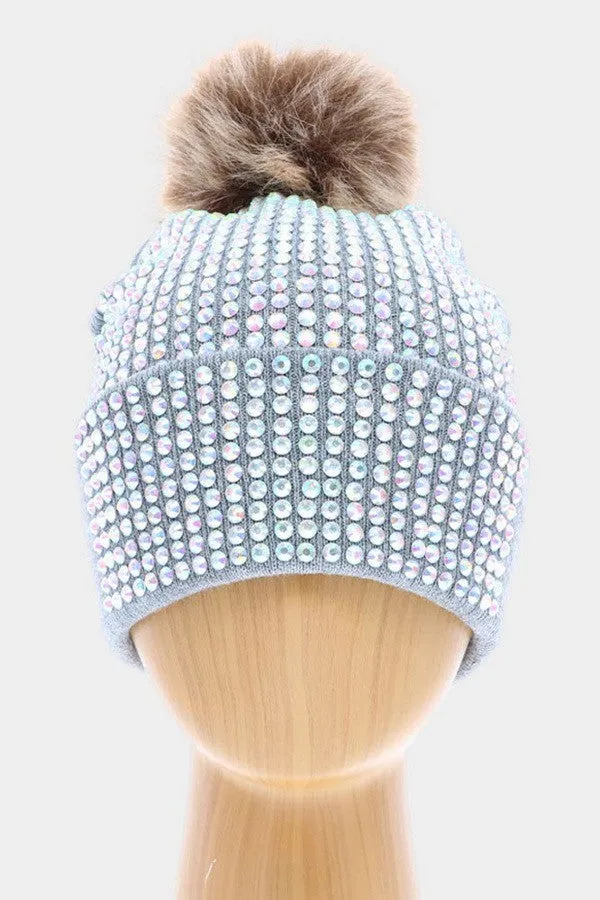 Embellished Beanie Hat with Pom Pom