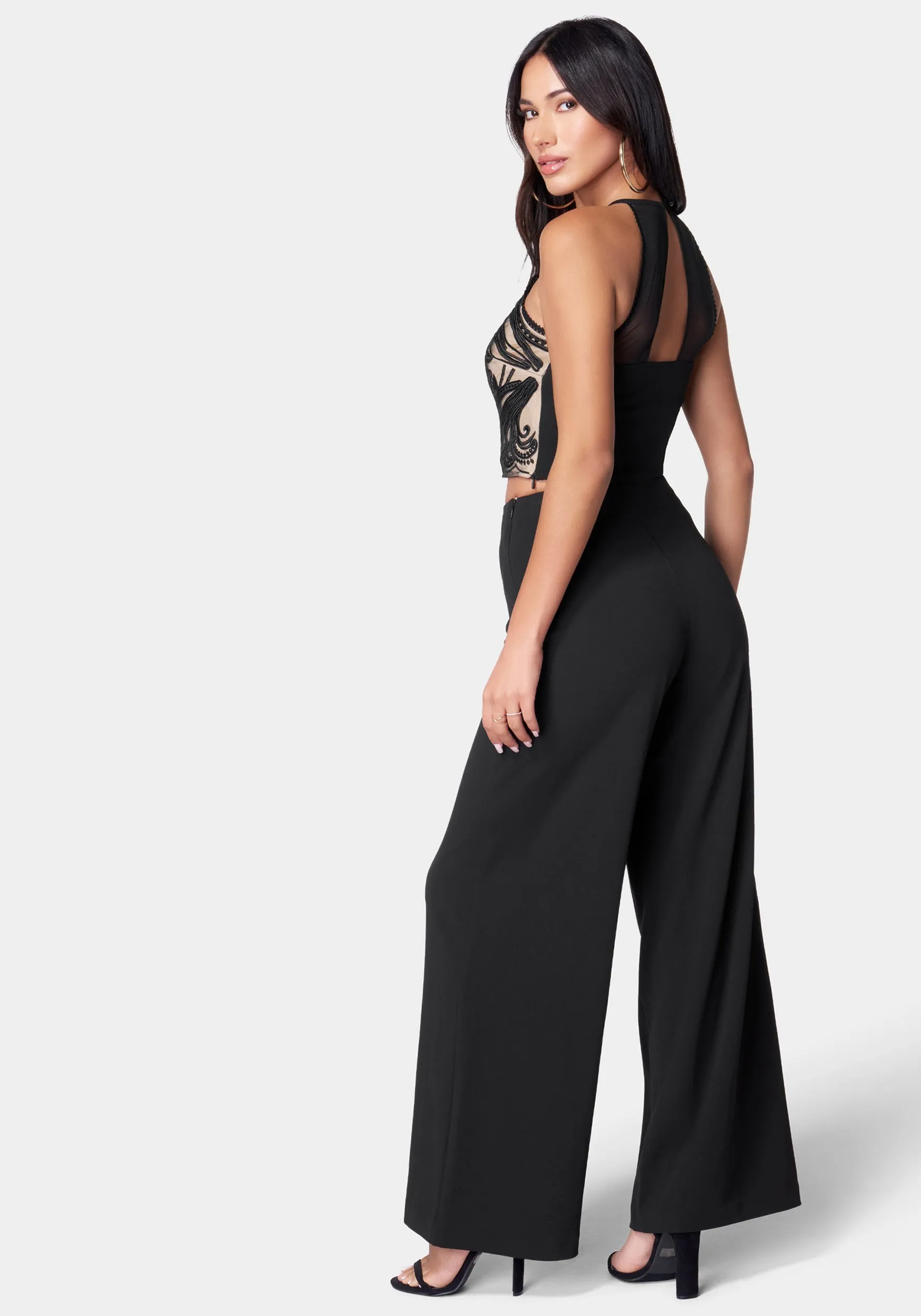 Embroidered Lace Trim Knit Crepe Palazzo Jumpsuit