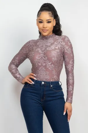 Embroidered Mock Neck Keyhole Bodysuit