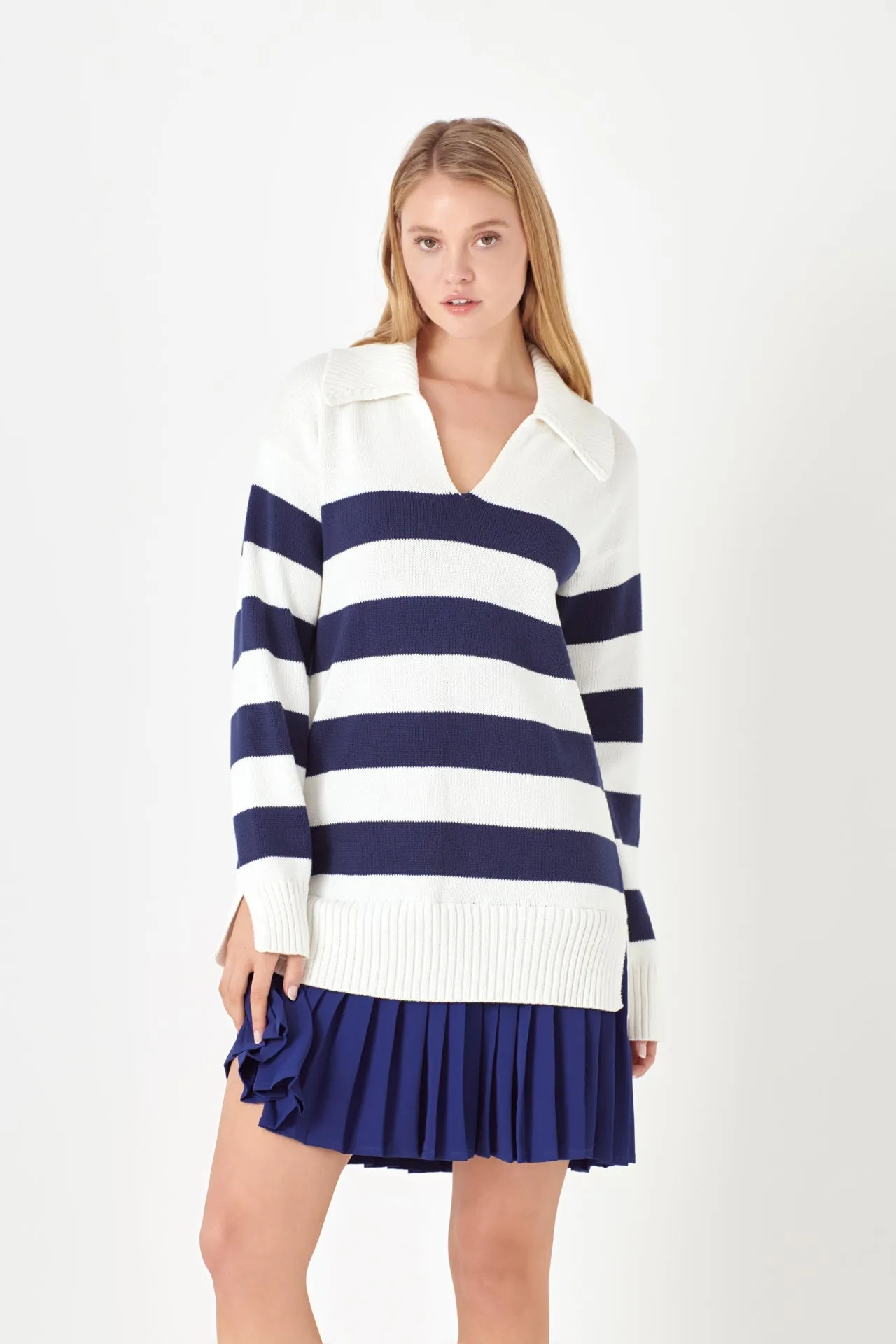 English Factory - Mixed Media Stripe Pleated Mini Dress