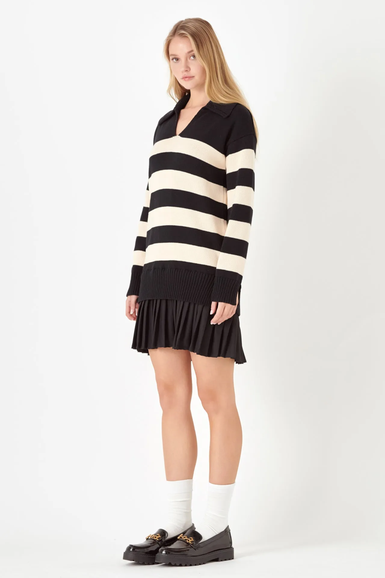 English Factory - Mixed Media Stripe Pleated Mini Dress