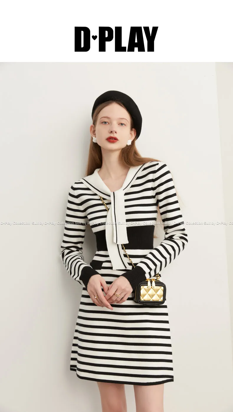 Fall Autumn Preppy Navy Neck monochrome striped knit dress - Keial