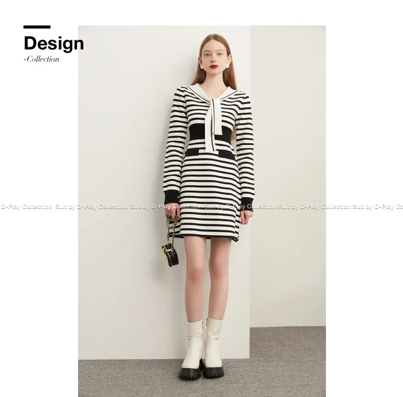 Fall Autumn Preppy Navy Neck monochrome striped knit dress - Keial