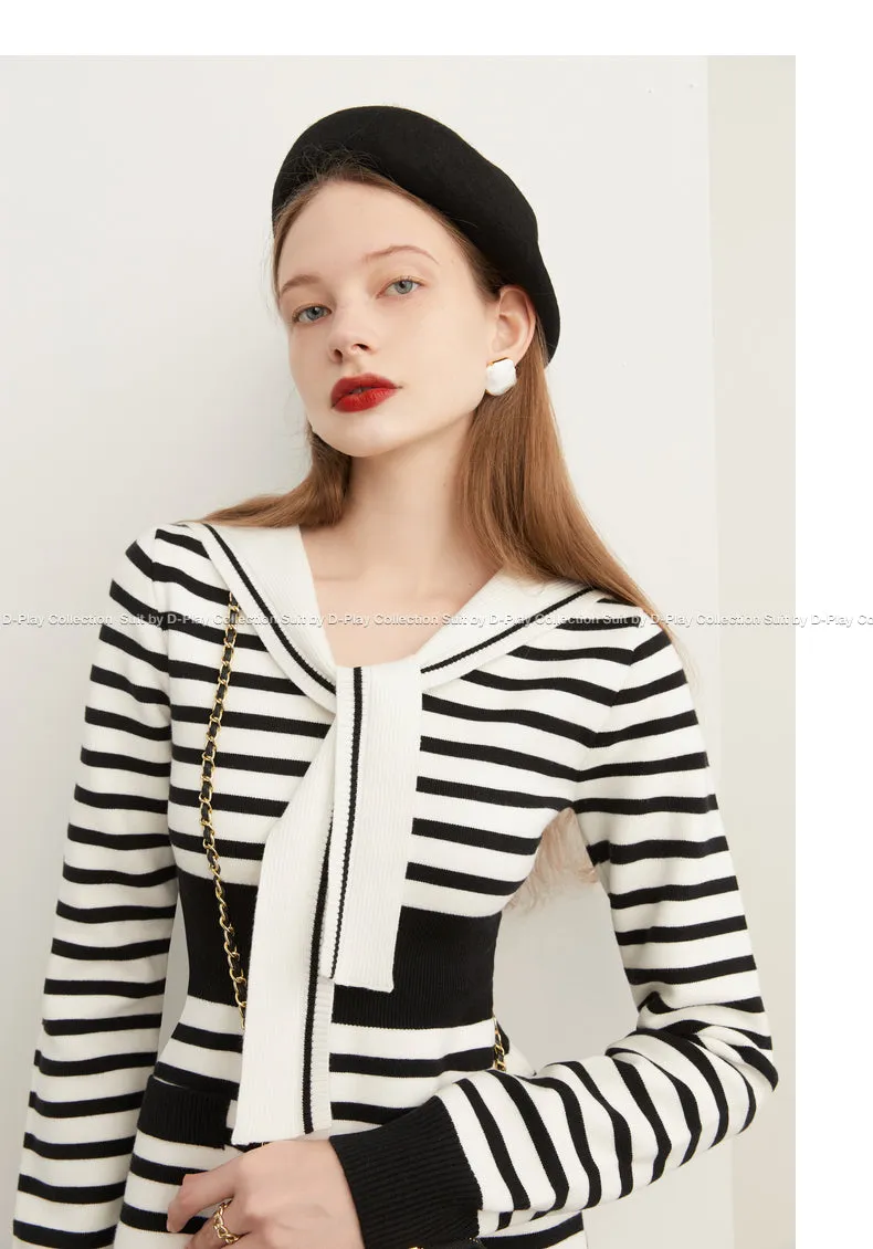 Fall Autumn Preppy Navy Neck monochrome striped knit dress - Keial