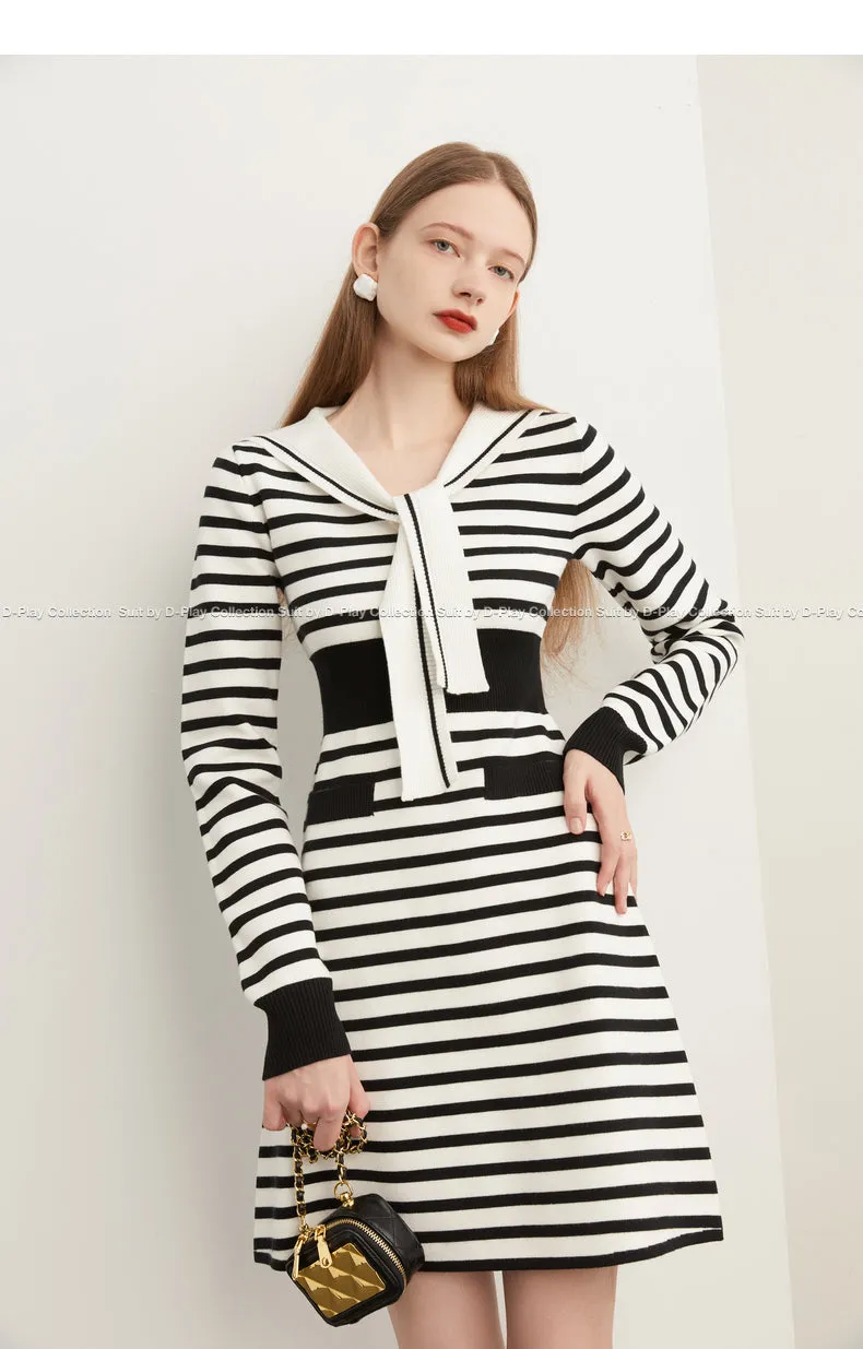 Fall Autumn Preppy Navy Neck monochrome striped knit dress - Keial