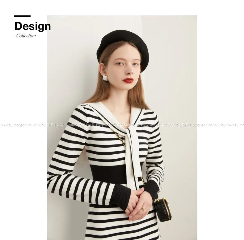 Fall Autumn Preppy Navy Neck monochrome striped knit dress - Keial