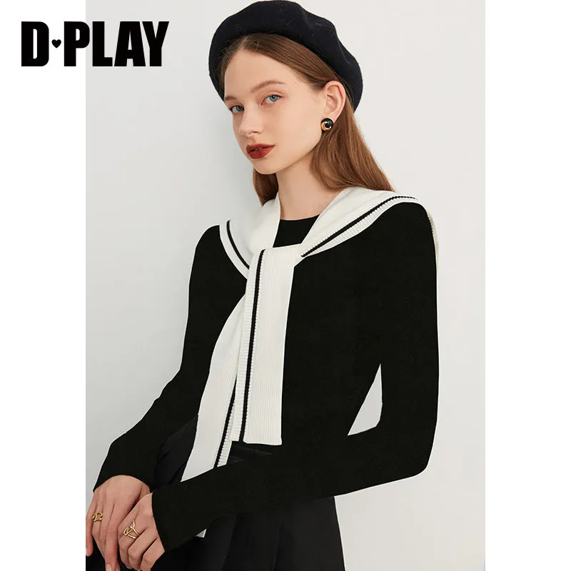 Fall Autumn Preppy Navy Neck monochrome striped knit dress - Keial