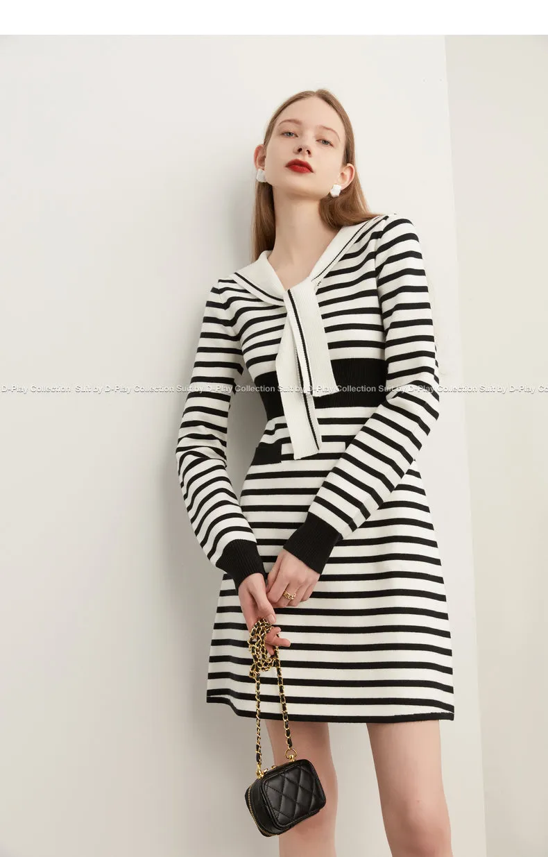 Fall Autumn Preppy Navy Neck monochrome striped knit dress - Keial