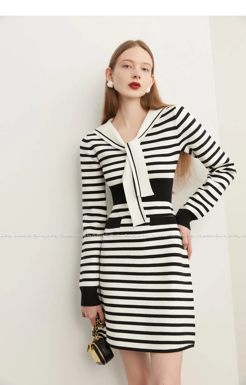 Fall Autumn Preppy Navy Neck monochrome striped knit dress - Keial