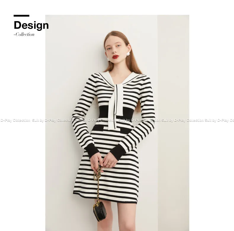 Fall Autumn Preppy Navy Neck monochrome striped knit dress - Keial