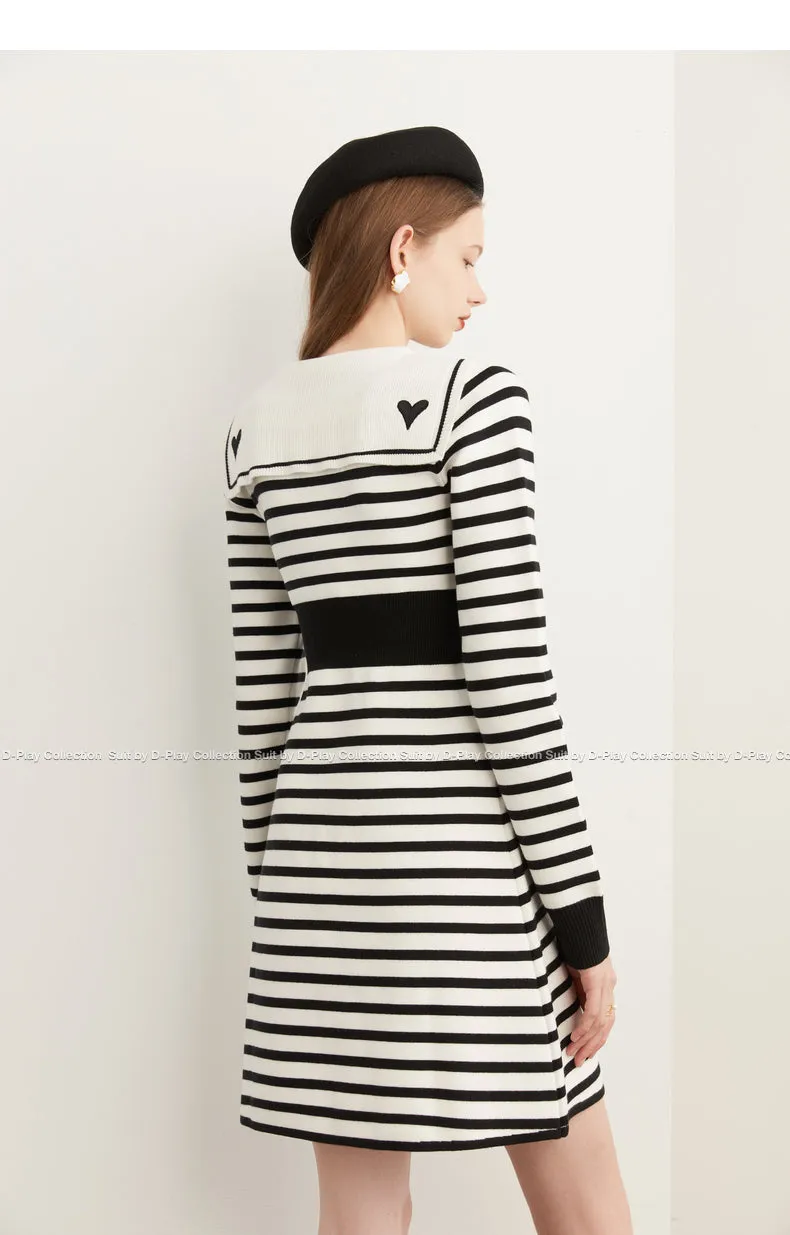 Fall Autumn Preppy Navy Neck monochrome striped knit dress - Keial