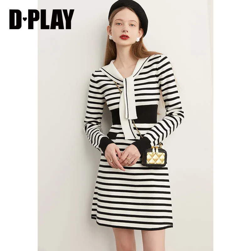 Fall Autumn Preppy Navy Neck monochrome striped knit dress - Keial