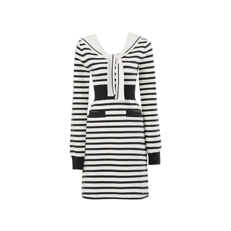 Fall Autumn Preppy Navy Neck monochrome striped knit dress - Keial