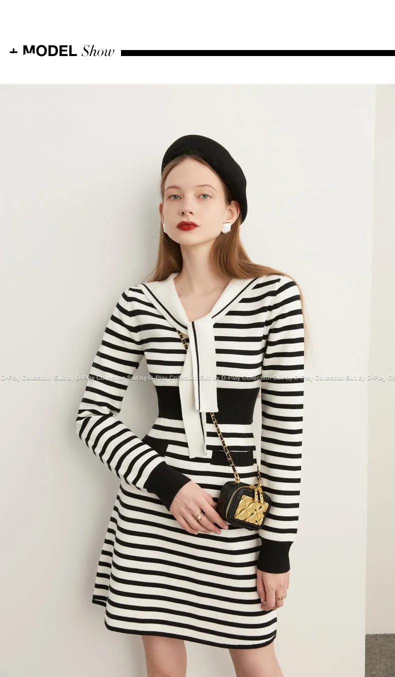 Fall Autumn Preppy Navy Neck monochrome striped knit dress - Keial