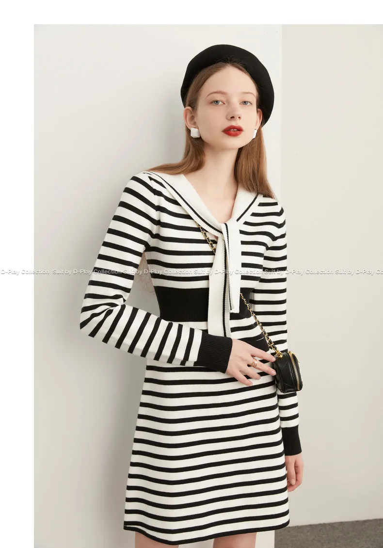 Fall Autumn Preppy Navy Neck monochrome striped knit dress - Keial