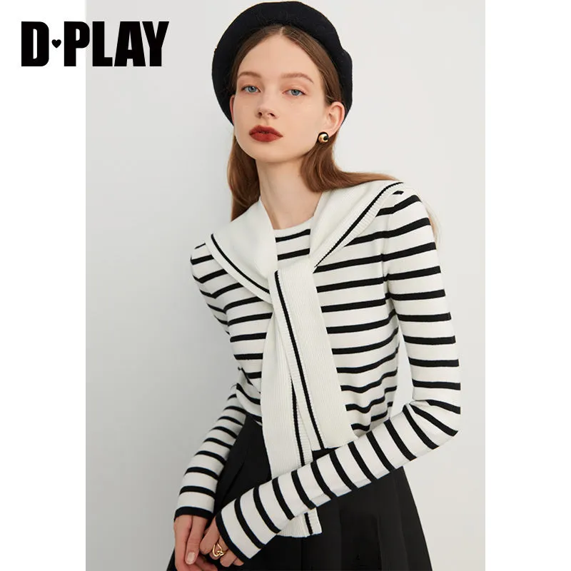 Fall Autumn Preppy Navy Neck monochrome striped knit dress - Keial