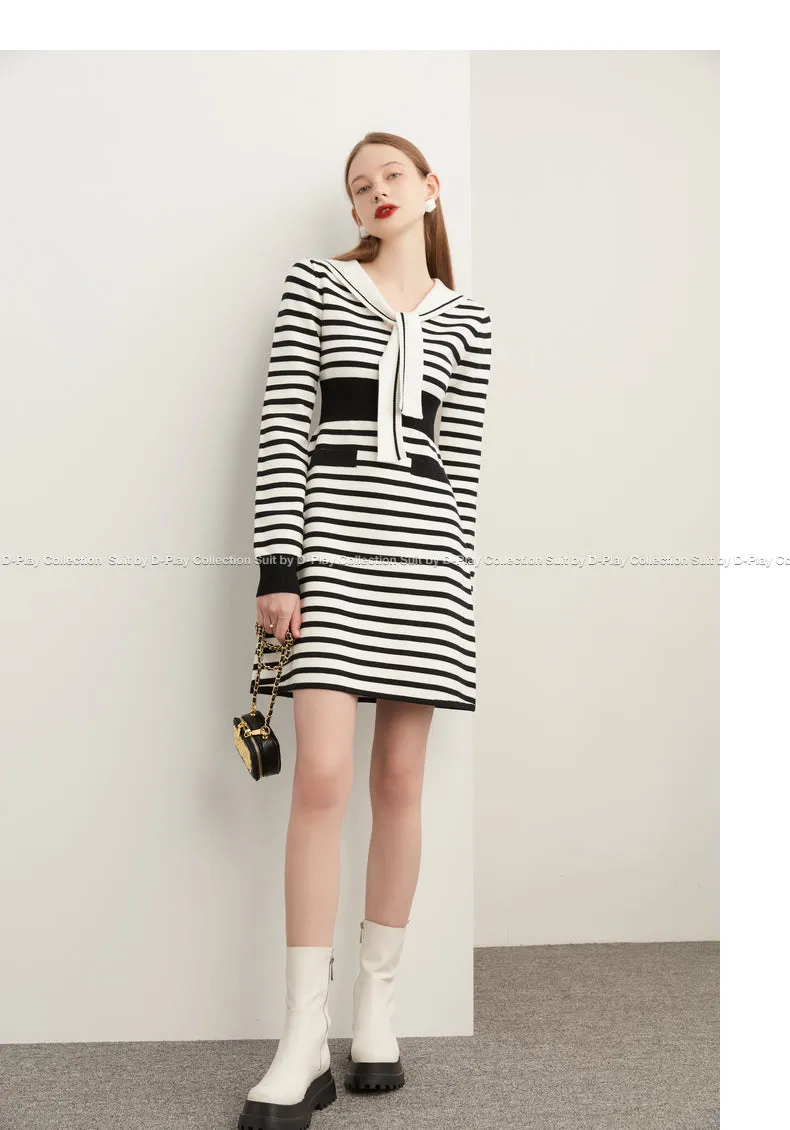 Fall Autumn Preppy Navy Neck monochrome striped knit dress - Keial