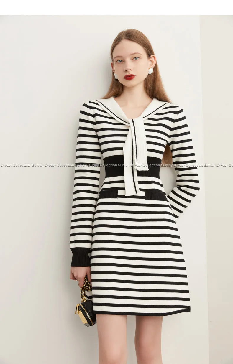 Fall Autumn Preppy Navy Neck monochrome striped knit dress - Keial