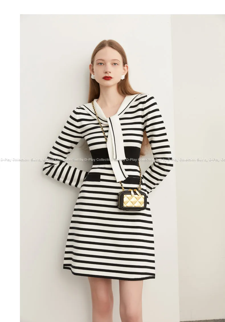 Fall Autumn Preppy Navy Neck monochrome striped knit dress - Keial