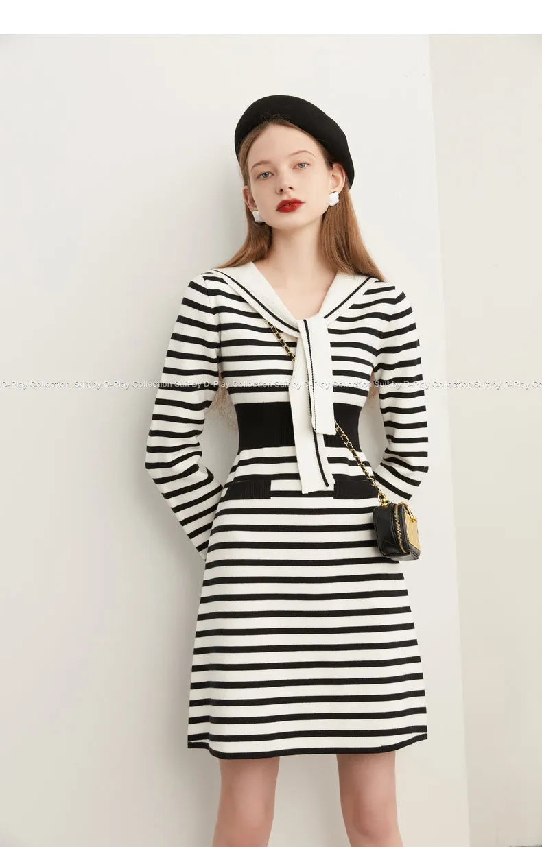 Fall Autumn Preppy Navy Neck monochrome striped knit dress - Keial