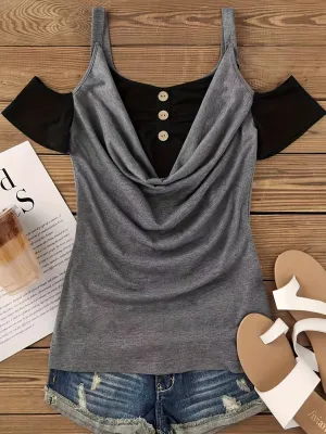 Fashionable Button-Decor Cold Shoulder T-Shirt - Chic Color Block, Short Sleeve Spring & Summer Top for Women - Lightweight, Casual Everyday Wear