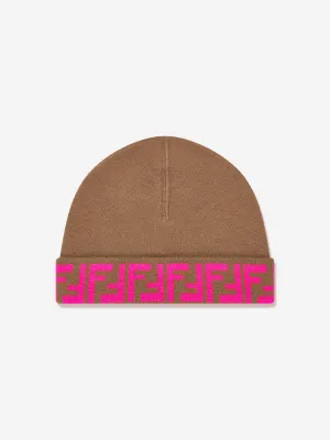 Fendi Girls FF Logo Reversible Beanie in Beige