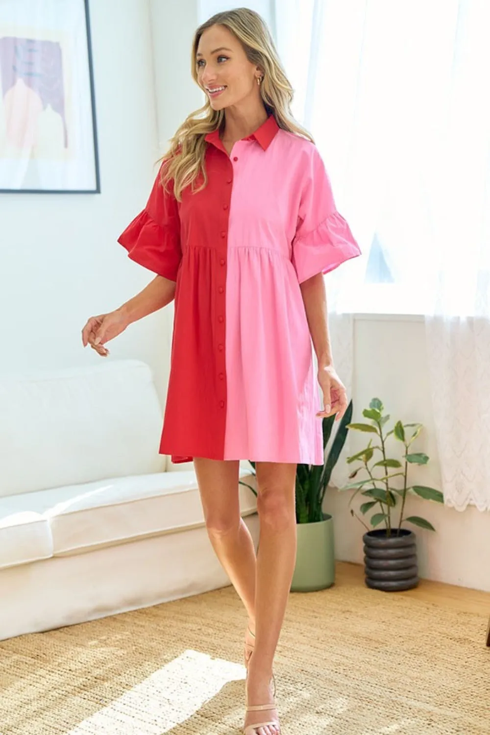 First Love Full Size Color Blocked Button Down Babydoll Dress 2-5 Day Shipping