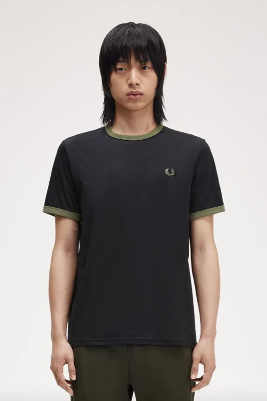 Fred Perry Ringer T-Shirt/Black/Laurel Wreath Green - New AW24