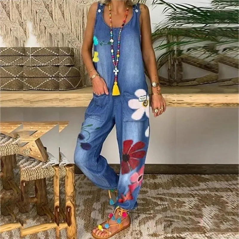 Funki Buys | Pants | Women's Boho Denim Flower Print Romper