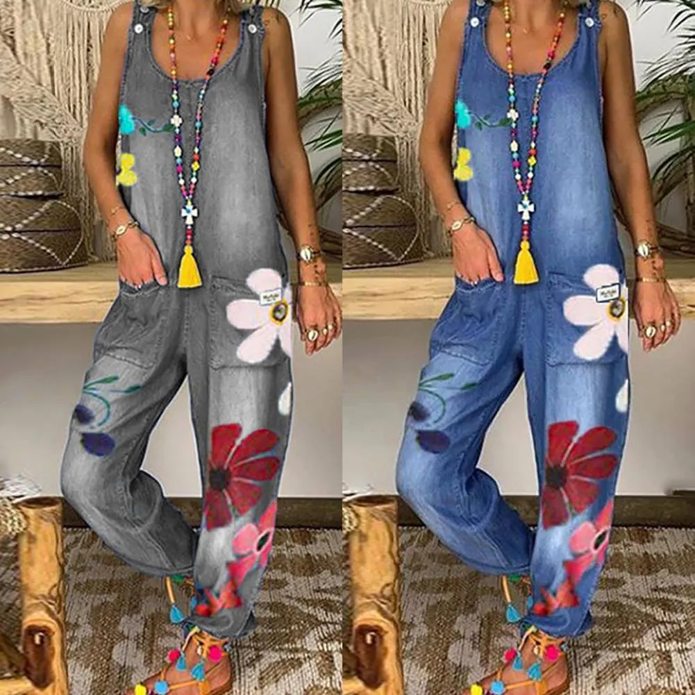 Funki Buys | Pants | Women's Boho Denim Flower Print Romper