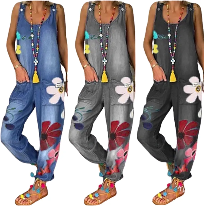 Funki Buys | Pants | Women's Boho Denim Flower Print Romper