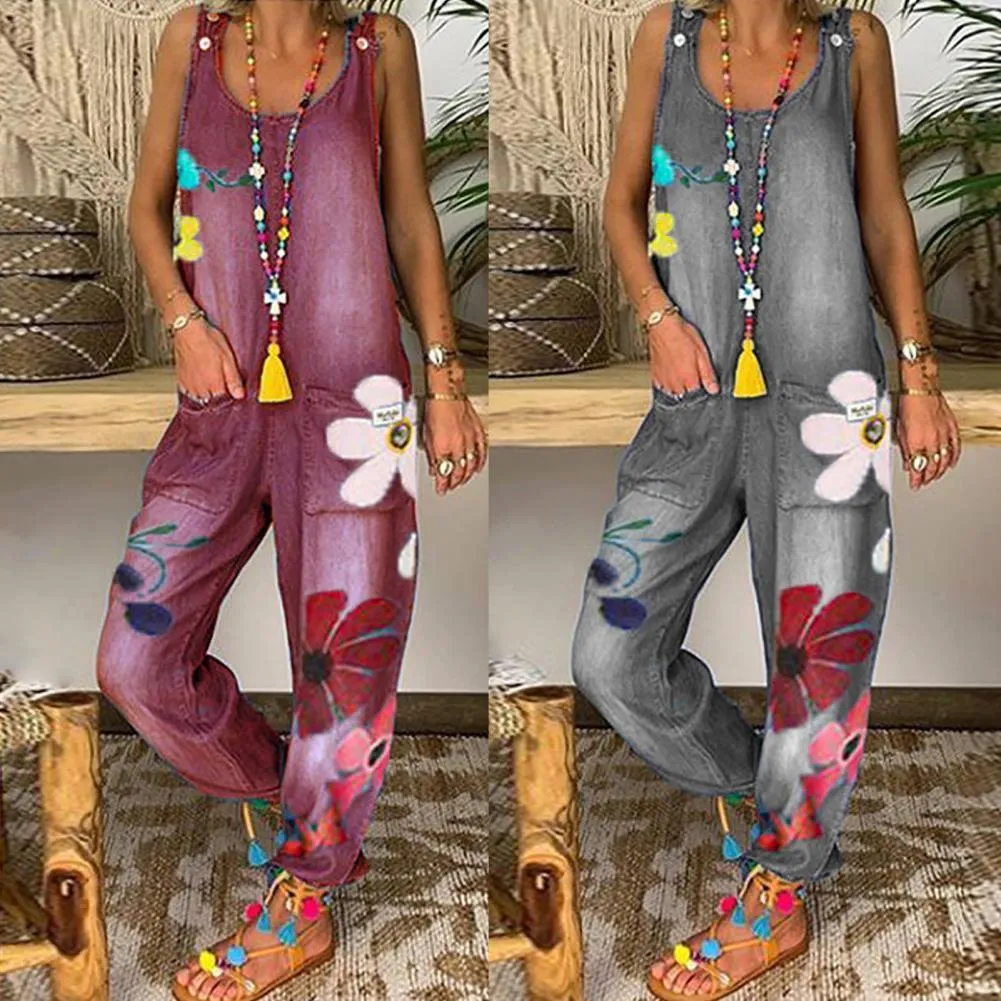 Funki Buys | Pants | Women's Boho Denim Flower Print Romper