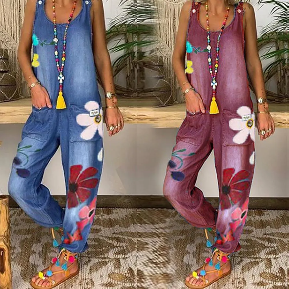 Funki Buys | Pants | Women's Boho Denim Flower Print Romper