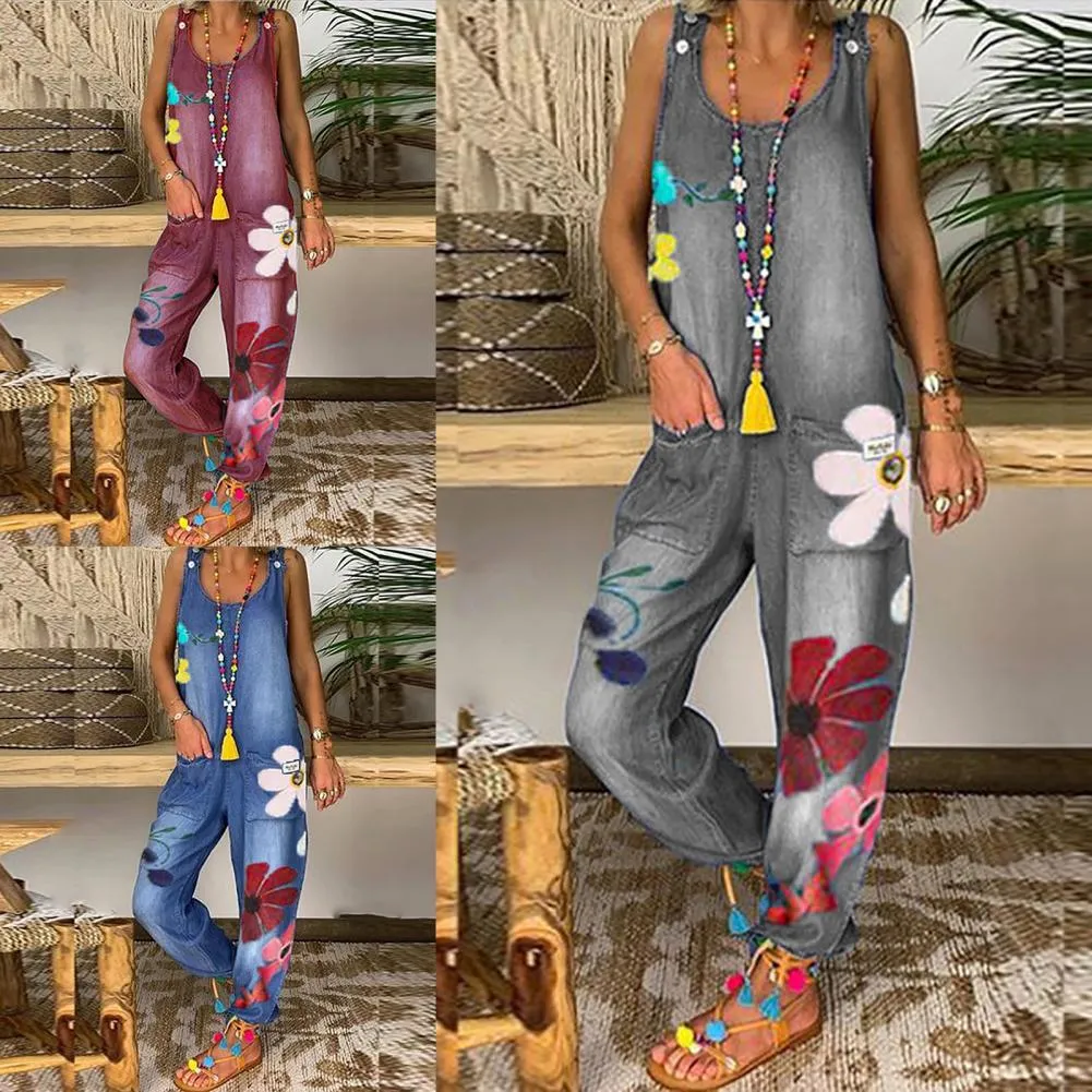 Funki Buys | Pants | Women's Boho Denim Flower Print Romper