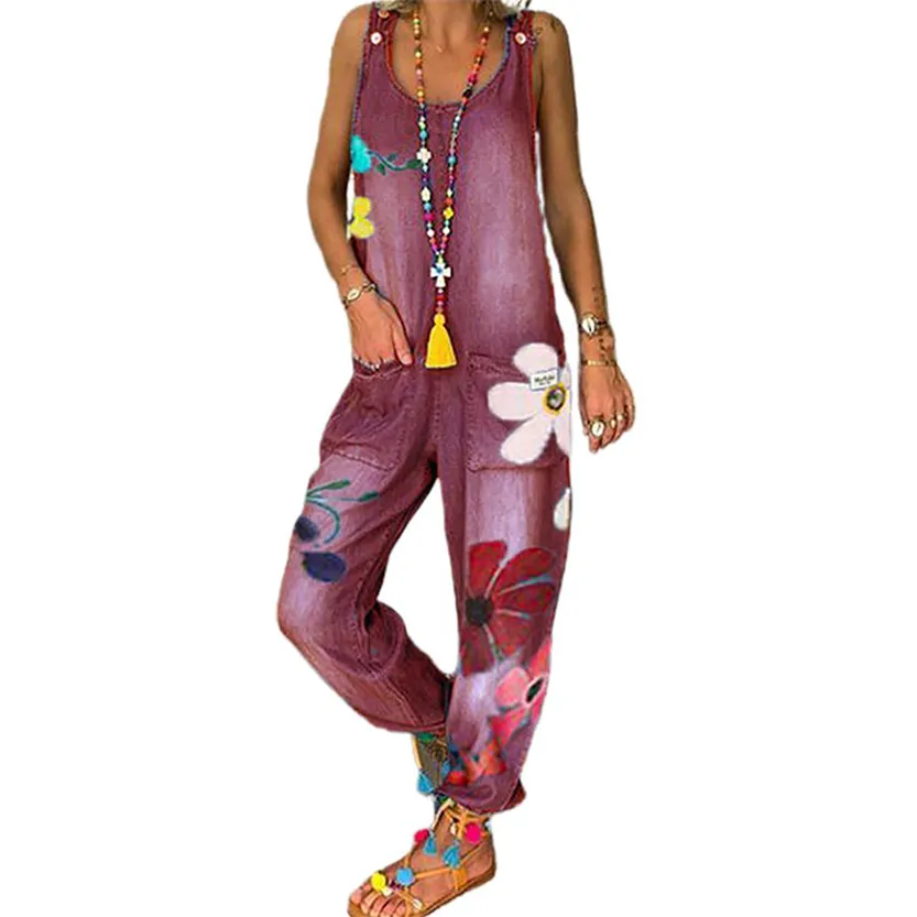 Funki Buys | Pants | Women's Boho Denim Flower Print Romper