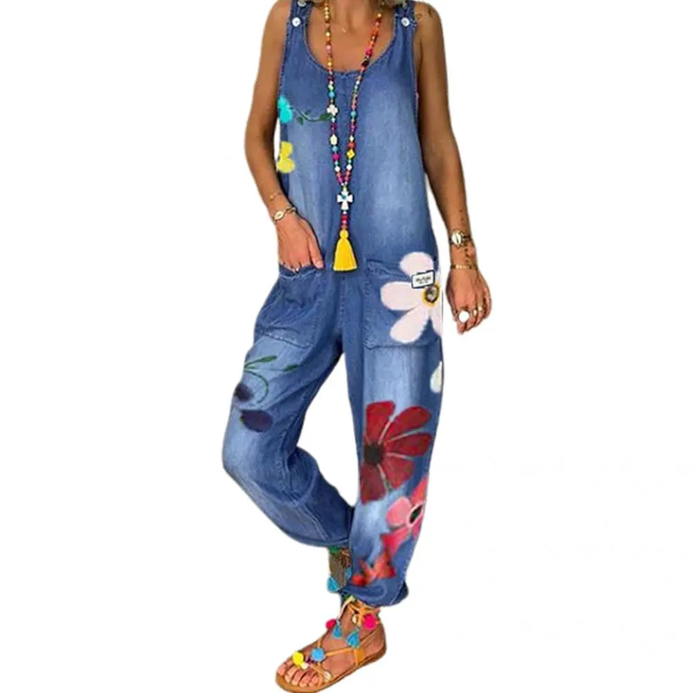 Funki Buys | Pants | Women's Boho Denim Flower Print Romper