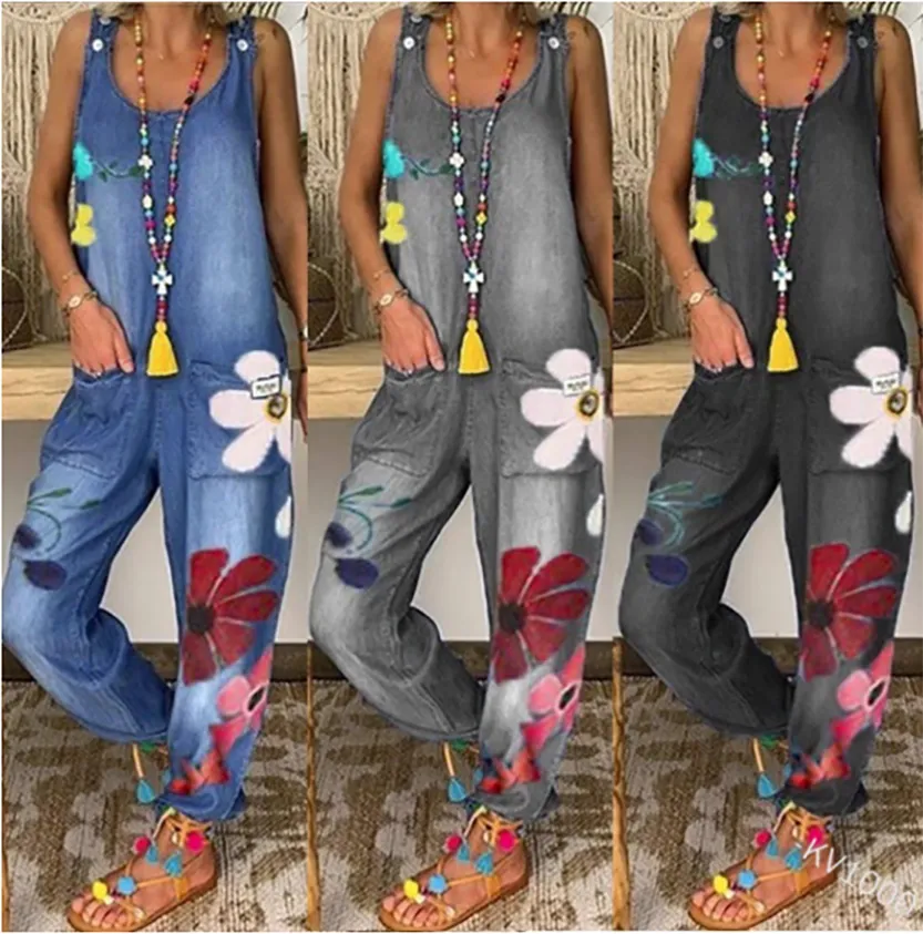 Funki Buys | Pants | Women's Boho Denim Flower Print Romper