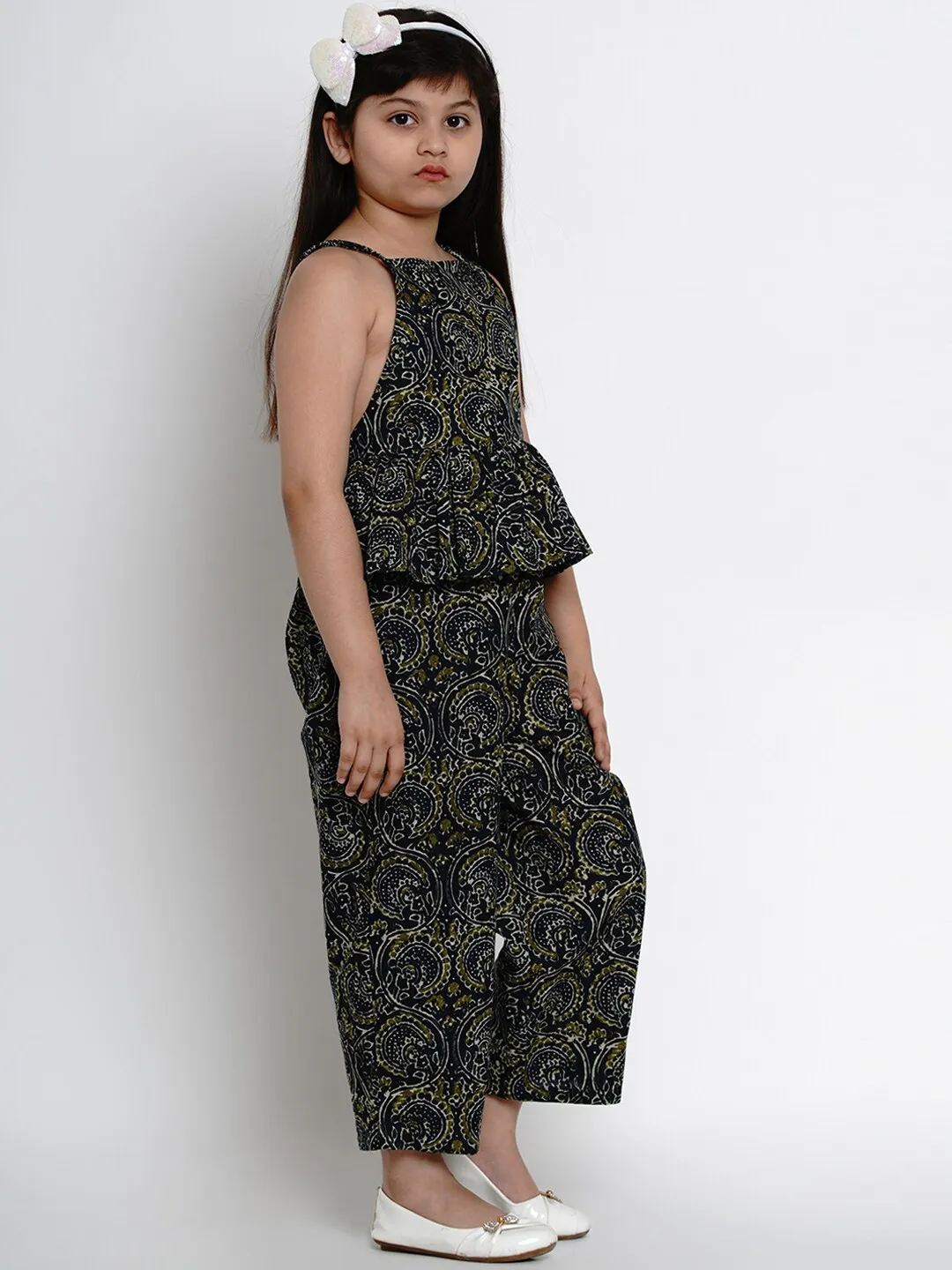 Girl's Navy Blue & Green Printed Basic Jumpsuit  - NOZ2TOZ KIDS