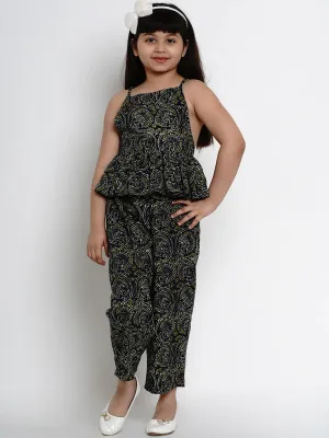 Girl's Navy Blue & Green Printed Basic Jumpsuit  - NOZ2TOZ KIDS