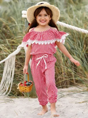 Girls Off the Shoulder Crochet Trimmed Ruffle Jumpsuit