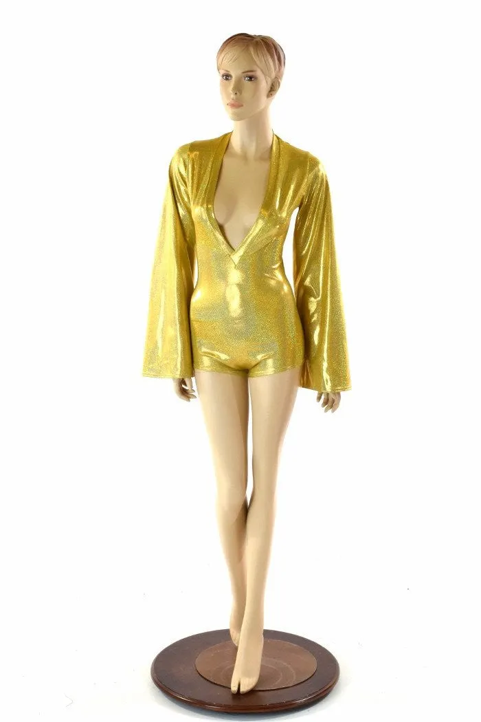 Gold Plunging V Bell Sleeve Romper with Boy Cut Leg