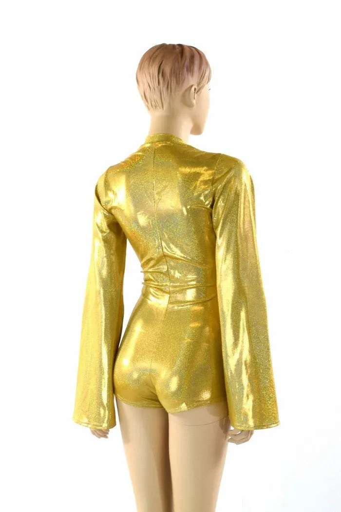 Gold Plunging V Bell Sleeve Romper with Boy Cut Leg